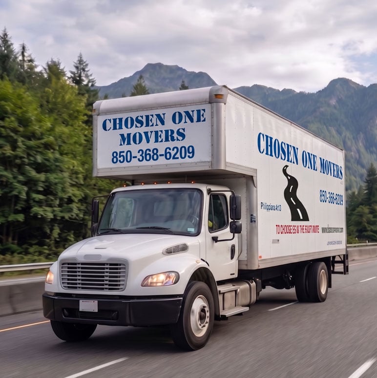 Chosen One Movers truck driving on highway
